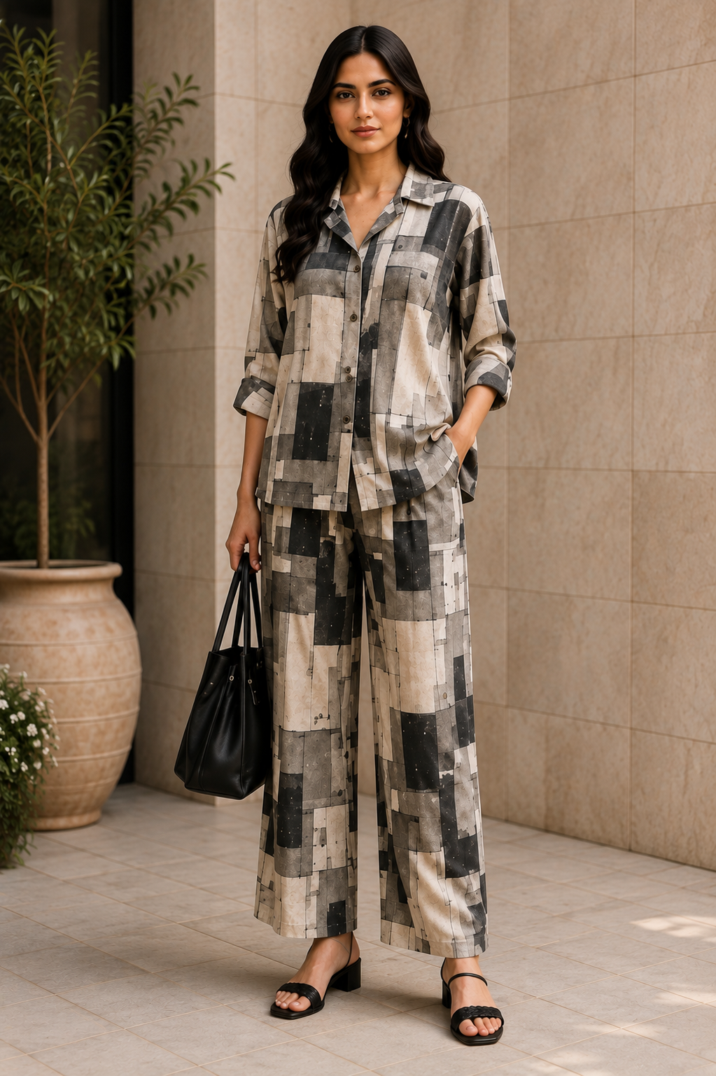 Monochrome Mosaic Cotton Linen Co-Ord Set for Women