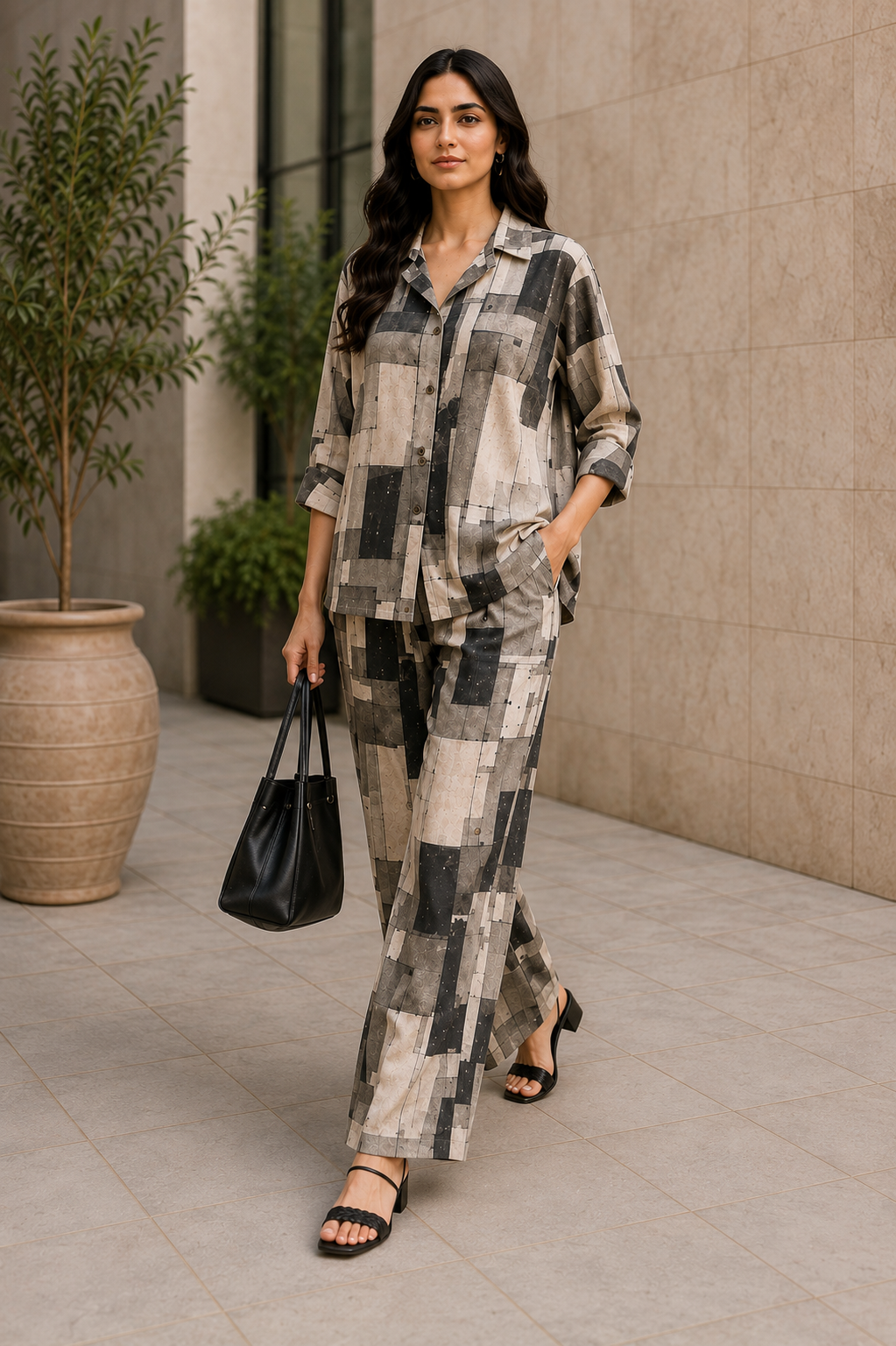 Monochrome Mosaic Cotton Linen Co-Ord Set for Women