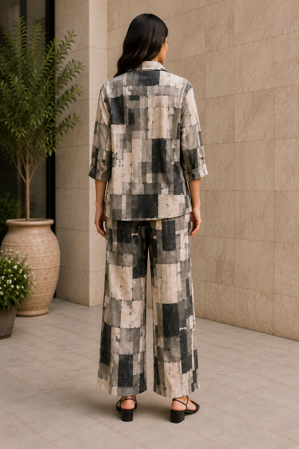 Monochrome Mosaic Cotton Linen Co-Ord Set for Women