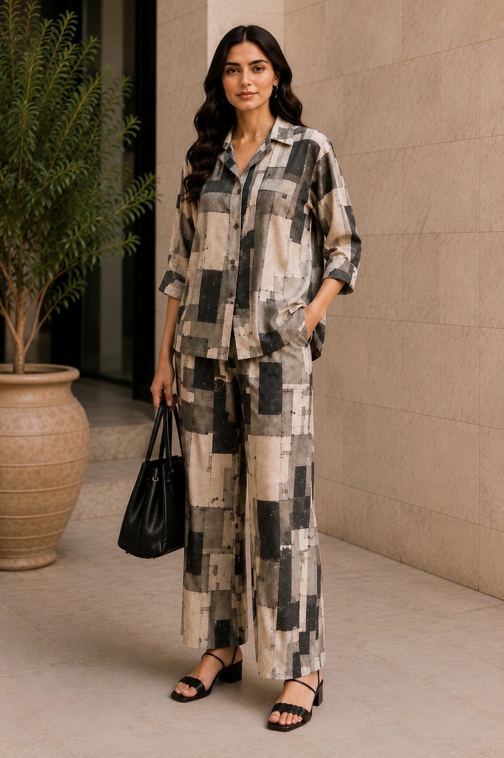 Monochrome Mosaic Cotton Linen Co-Ord Set for Women