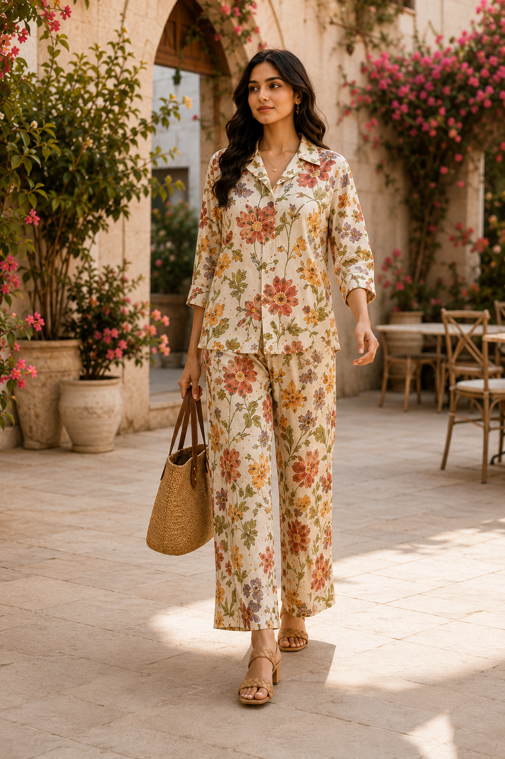 Rustic Floral Cotton Linen Co-Ord Set for Women