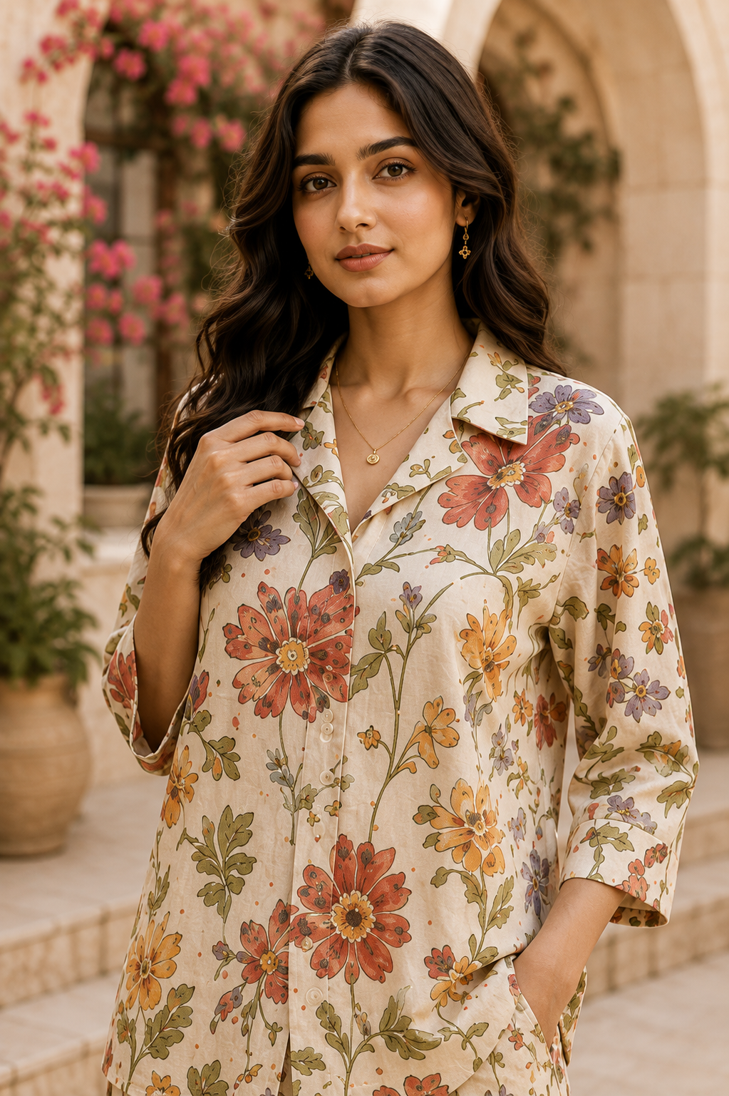 Rustic Floral Cotton Linen Co-Ord Set for Women