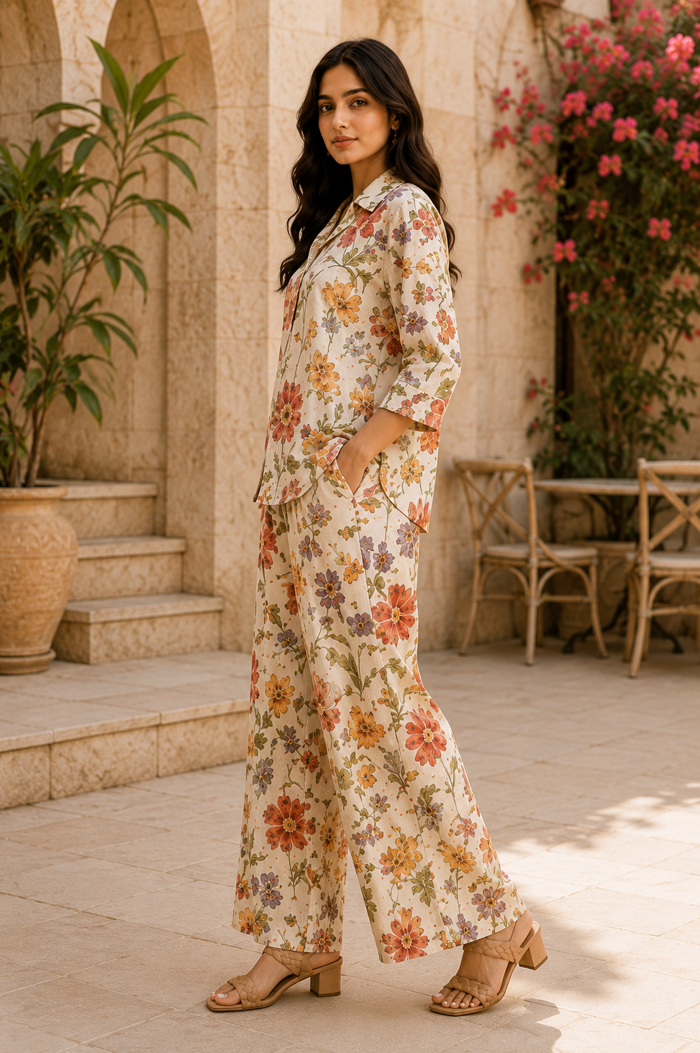 Rustic Floral Cotton Linen Co-Ord Set for Women