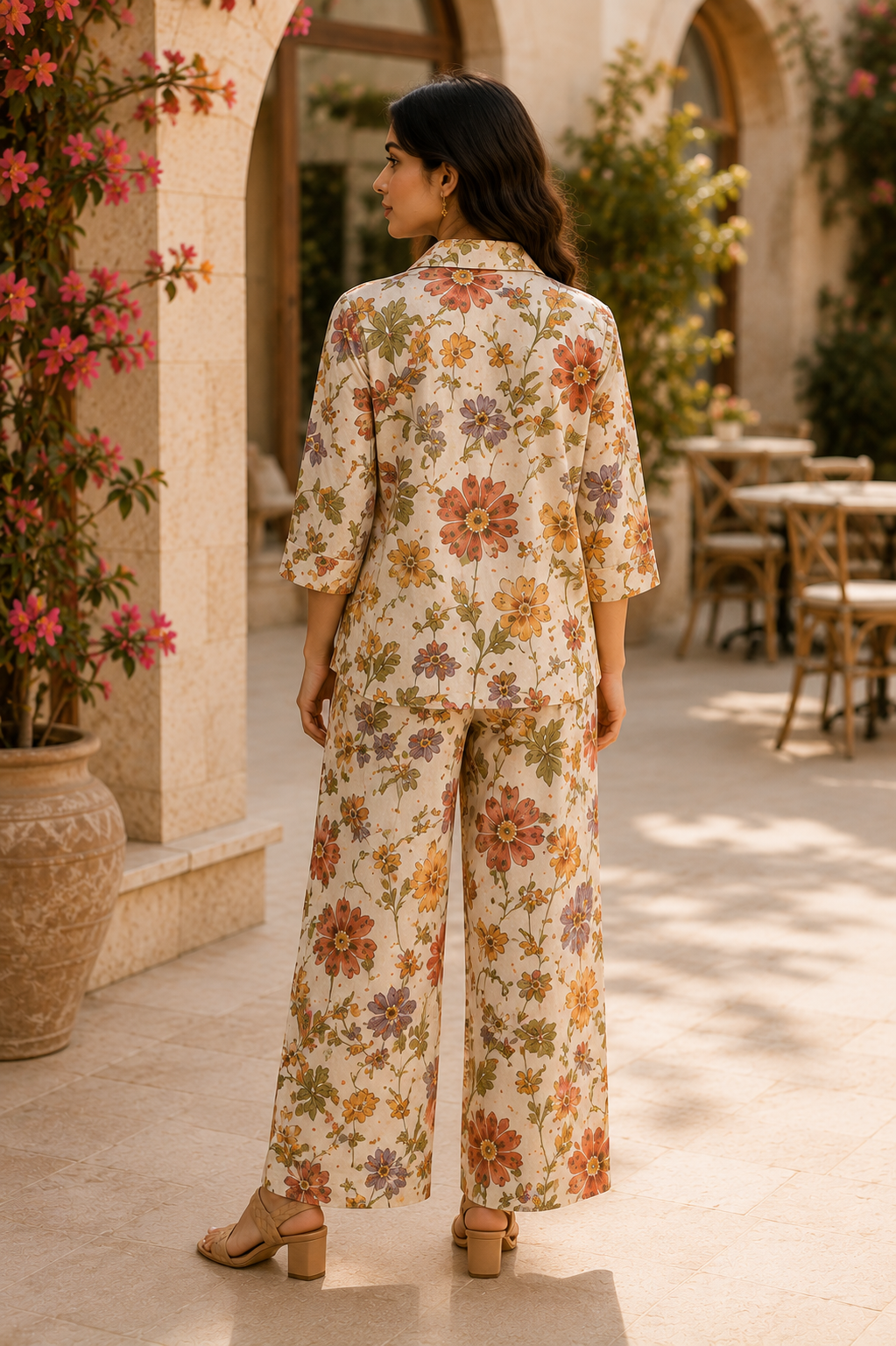 Rustic Floral Cotton Linen Co-Ord Set for Women