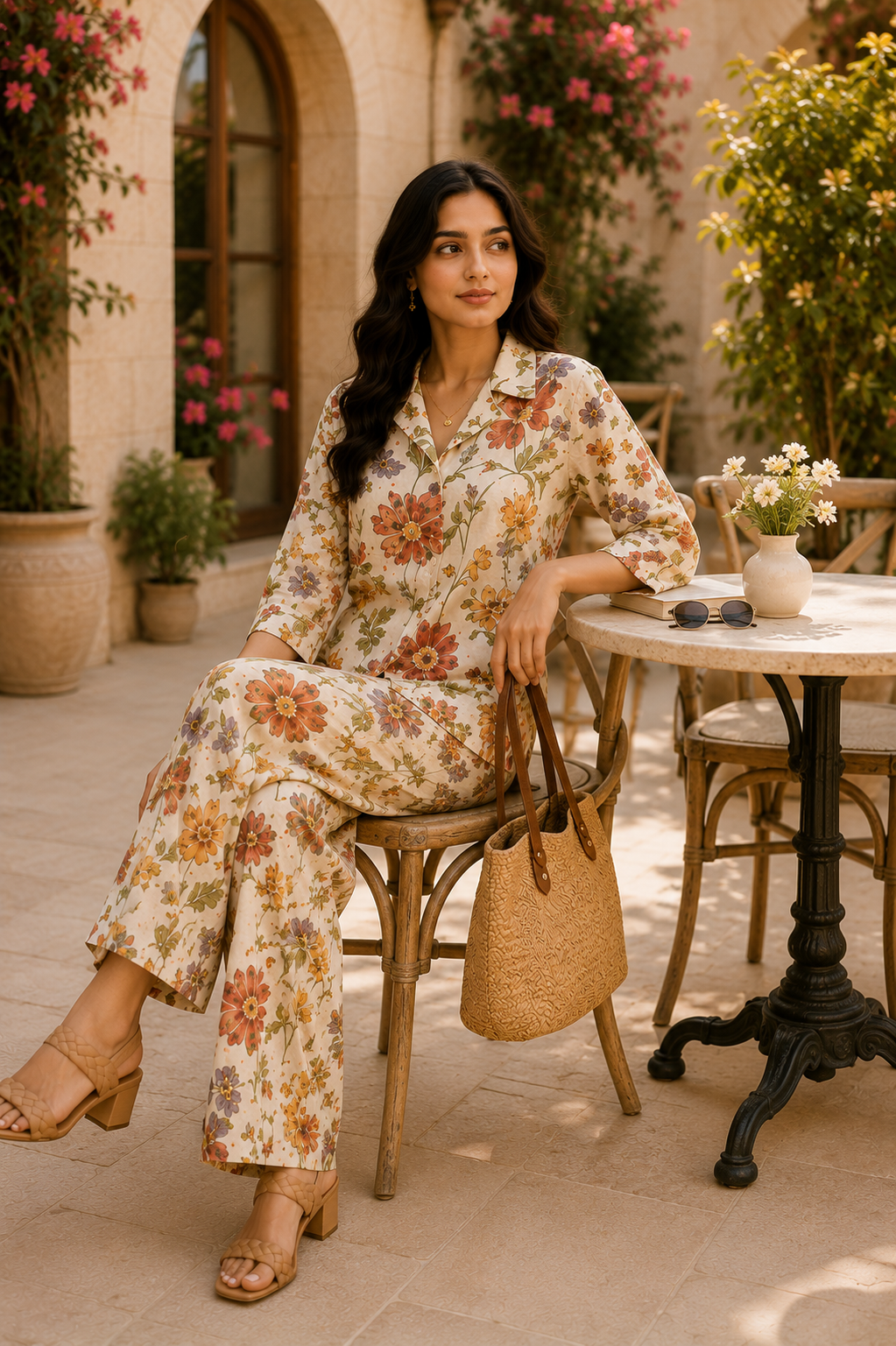 Rustic Floral Cotton Linen Co-Ord Set for Women