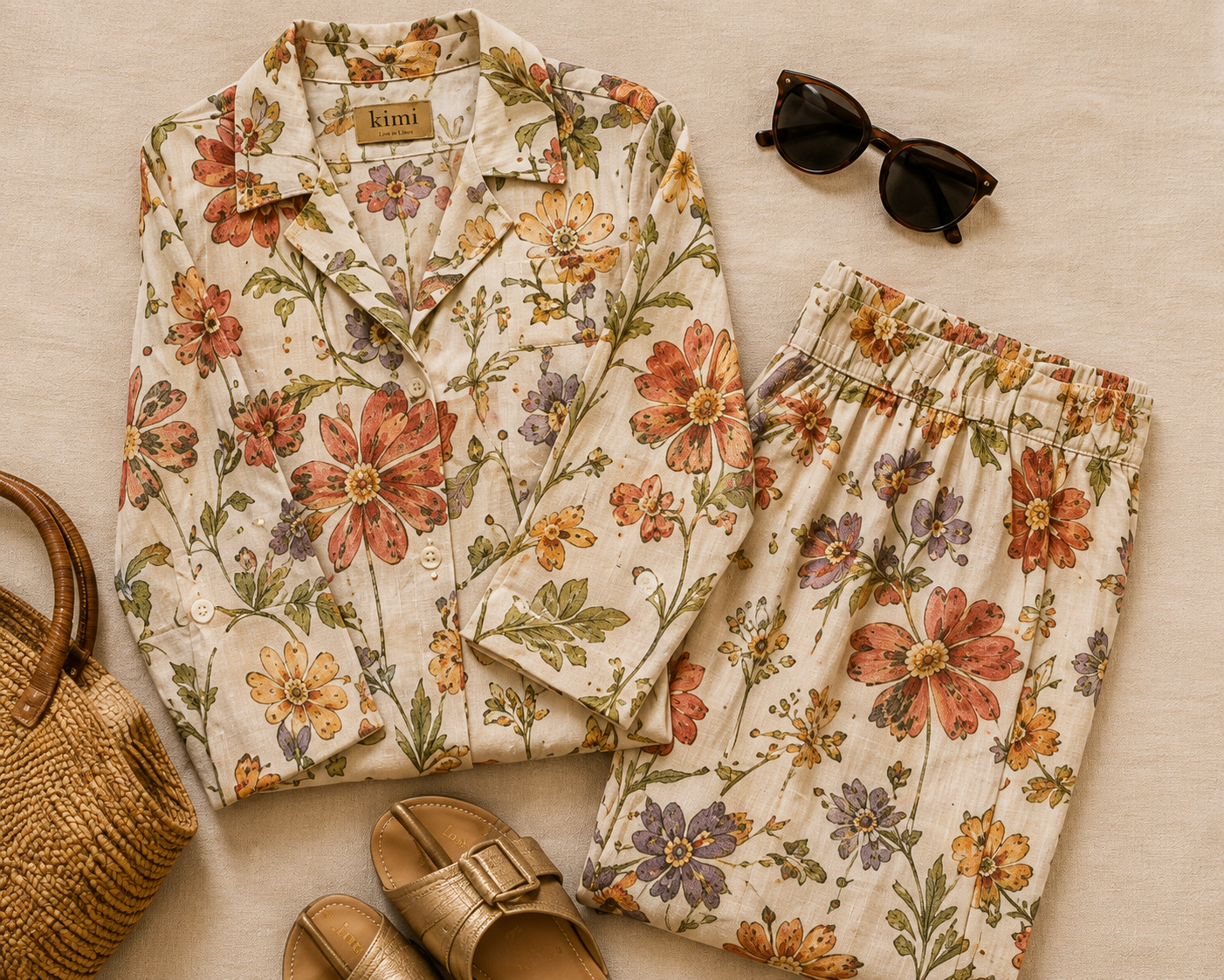 Rustic Floral Cotton Linen Co-Ord Set for Women