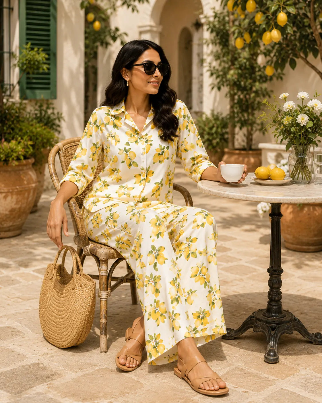 Citrus Print Cotton Linen Two-Piece Co-Ord Set – Stylish Outfit View