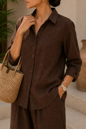 Coffee Brown Linen Blend Two-Piece Co-Ord Set – Stylish Outfit View
