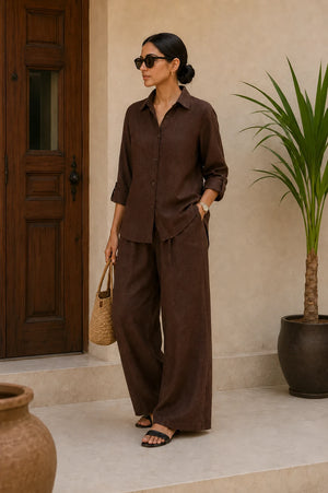 Coffee Brown Premium Linen Blend Relaxed Co-Ord Set – Front View