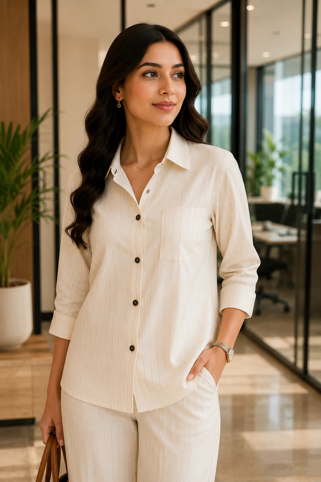 Cream Premium Pinstripe Co-Ord Set – Close-Up Fabric Detail