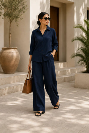 Deep Navy Premium Linen Co-Ord Set for Women – Front View