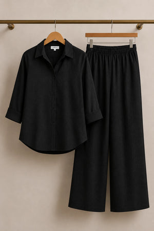 Jet Black Premium Linen Blend Co-Ord Set – Detailed Outfit View