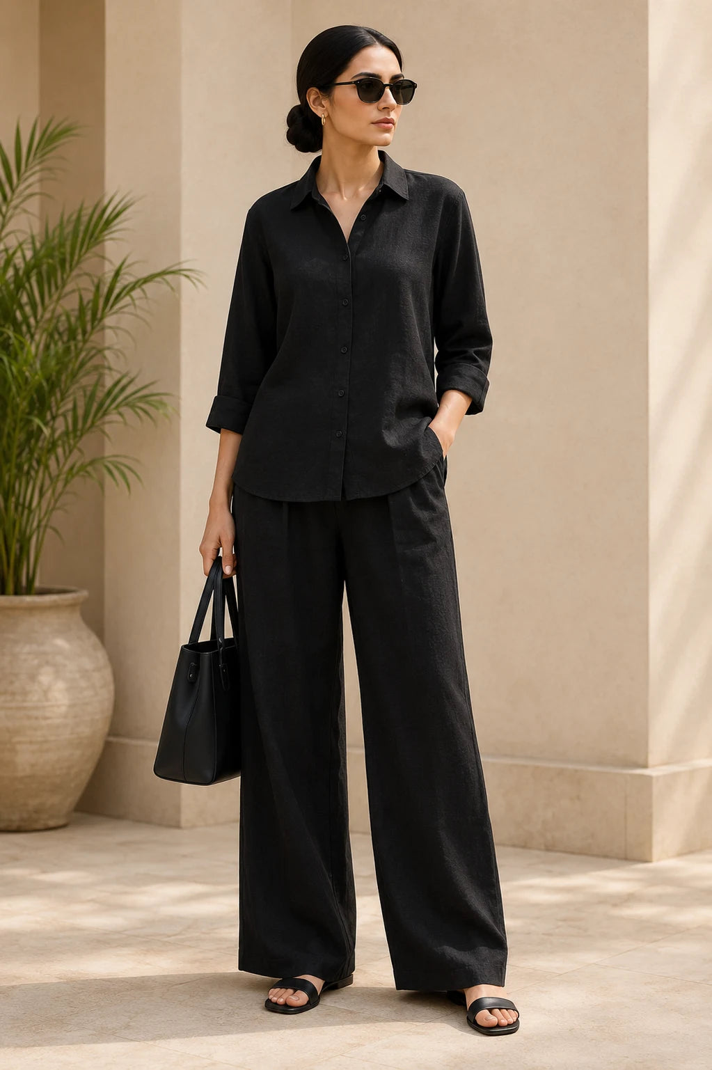 Jet Black Premium Linen Co-Ord Set for Women – Front View