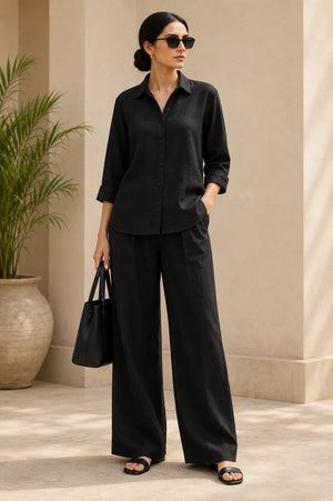 Jet Black Premium Linen Co-Ord Set for Women – Front View