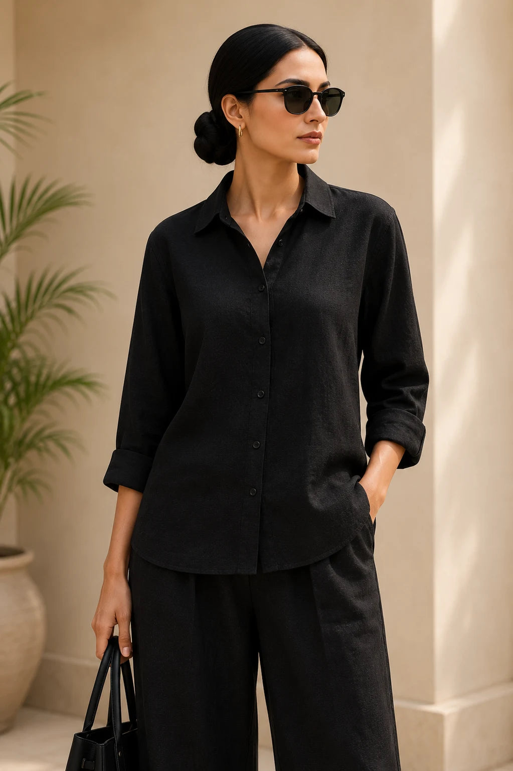 Jet Black Premium Linen Blend Co-Ord Set – Detailed Outfit View