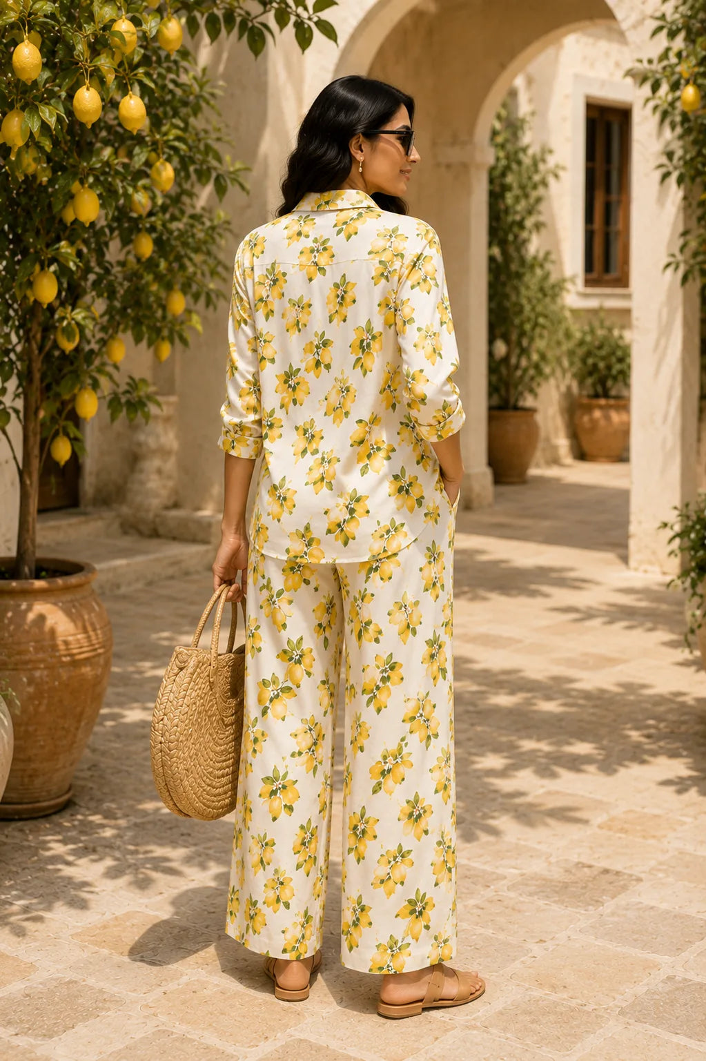 Lemon Grove Citrus Print Cotton Linen Co-Ord Set – Back View