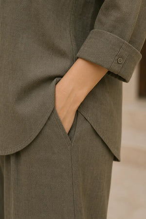 Olive Premium Cotton Linen Co-Ord Set – Close-Up Fabric Detail
