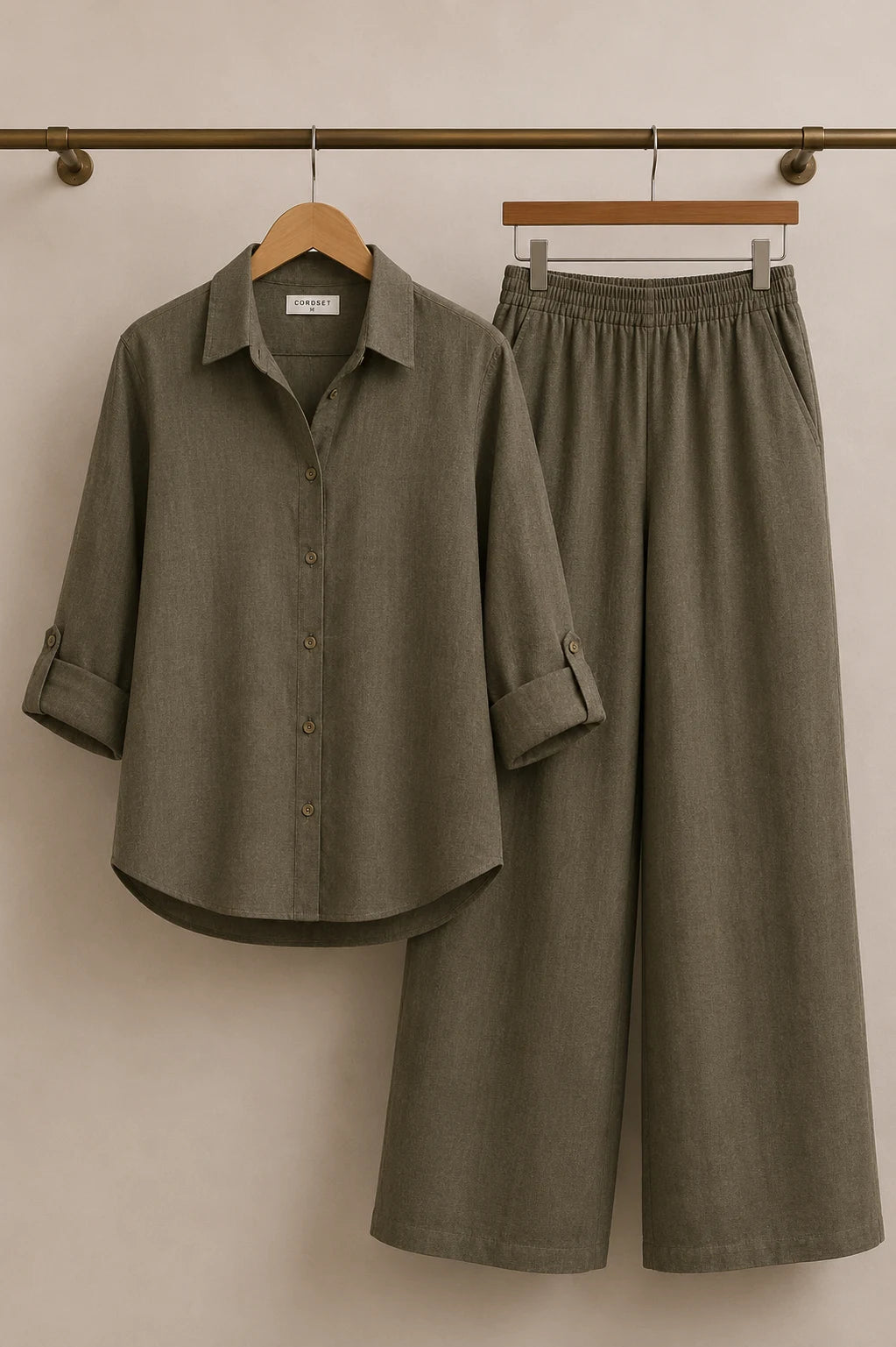 Olive Premium Linen Cotton Co-Ord Set – Detailed Outfit View