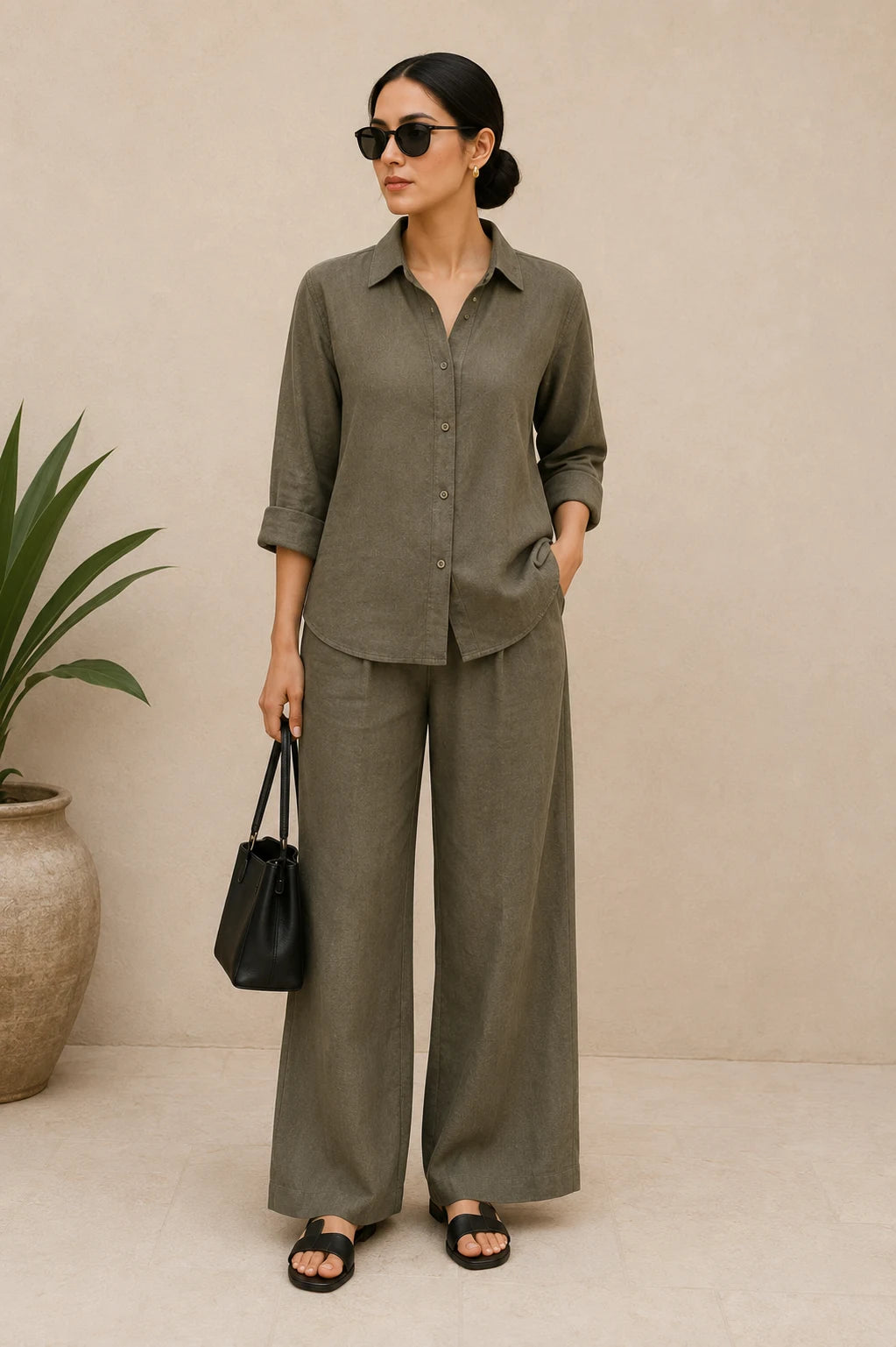 Olive Premium Linen Blend Co-Ord Set – Front Outfit View
