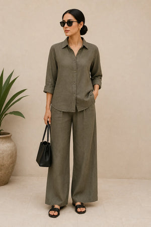 Olive Premium Linen Blend Co-Ord Set – Front Outfit View