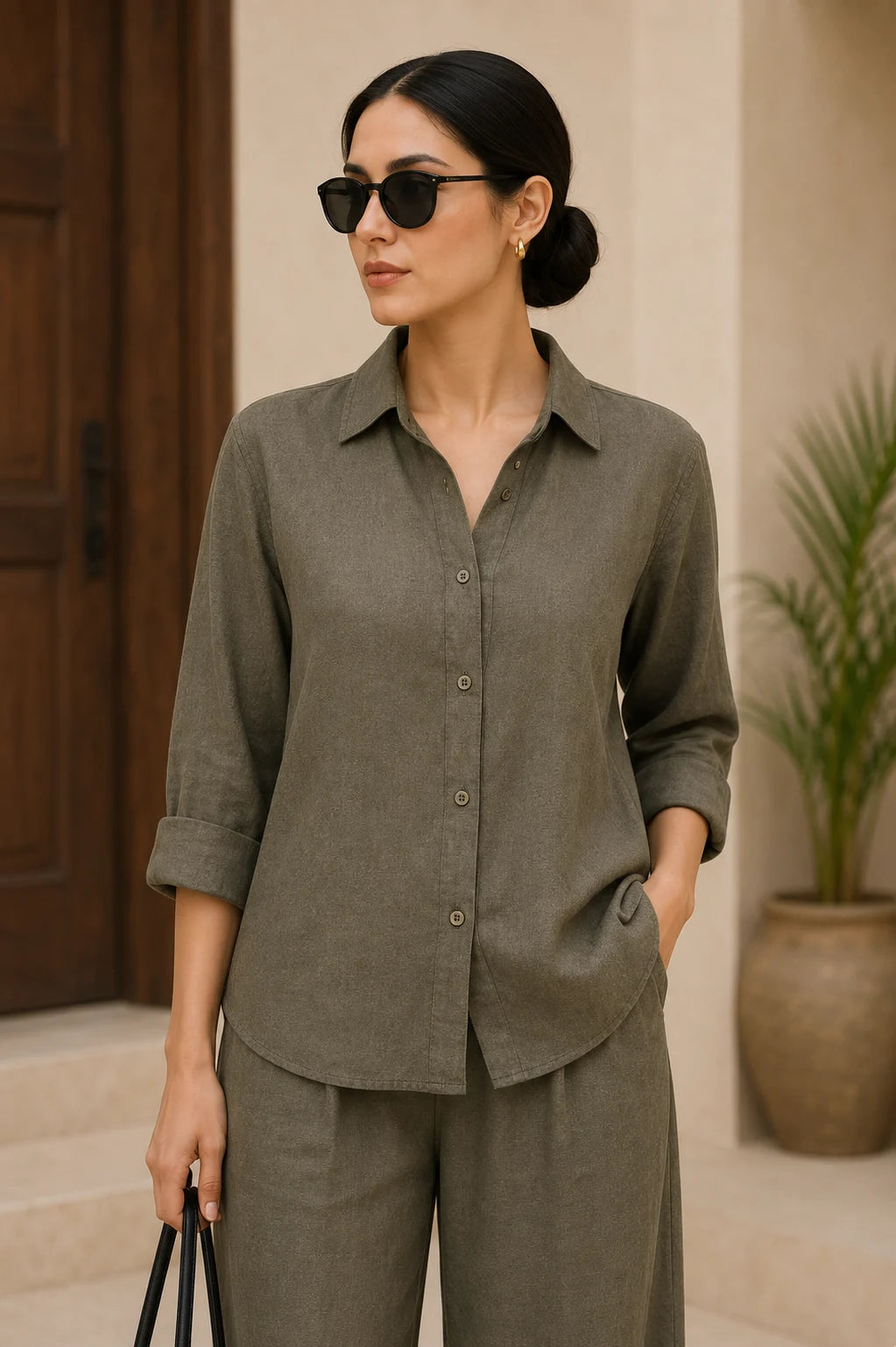 Olive Premium Cotton Linen Blend Co-Ord Set for Women – Front View