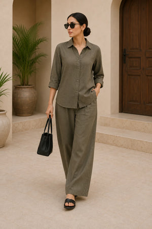 Olive Premium Linen Blend Co-Ord Set – Front Outfit View