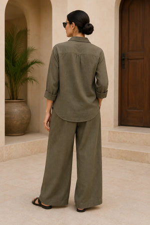 Olive Premium Cotton Linen Blend Co-Ord Set for Women – Back View
