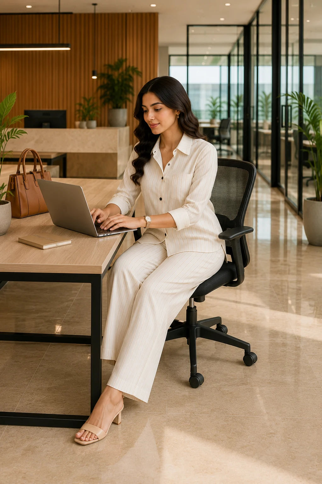 Cream Pinstripe Relaxed Co-Ord Set – Stylish Outfit View