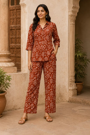 Rust Handblock Cotton Co-Ord Set for Women – Front View