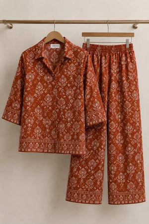 Rust Premium Handblock Cotton Co-Ord Set – Stylish Two-Piece Outfit