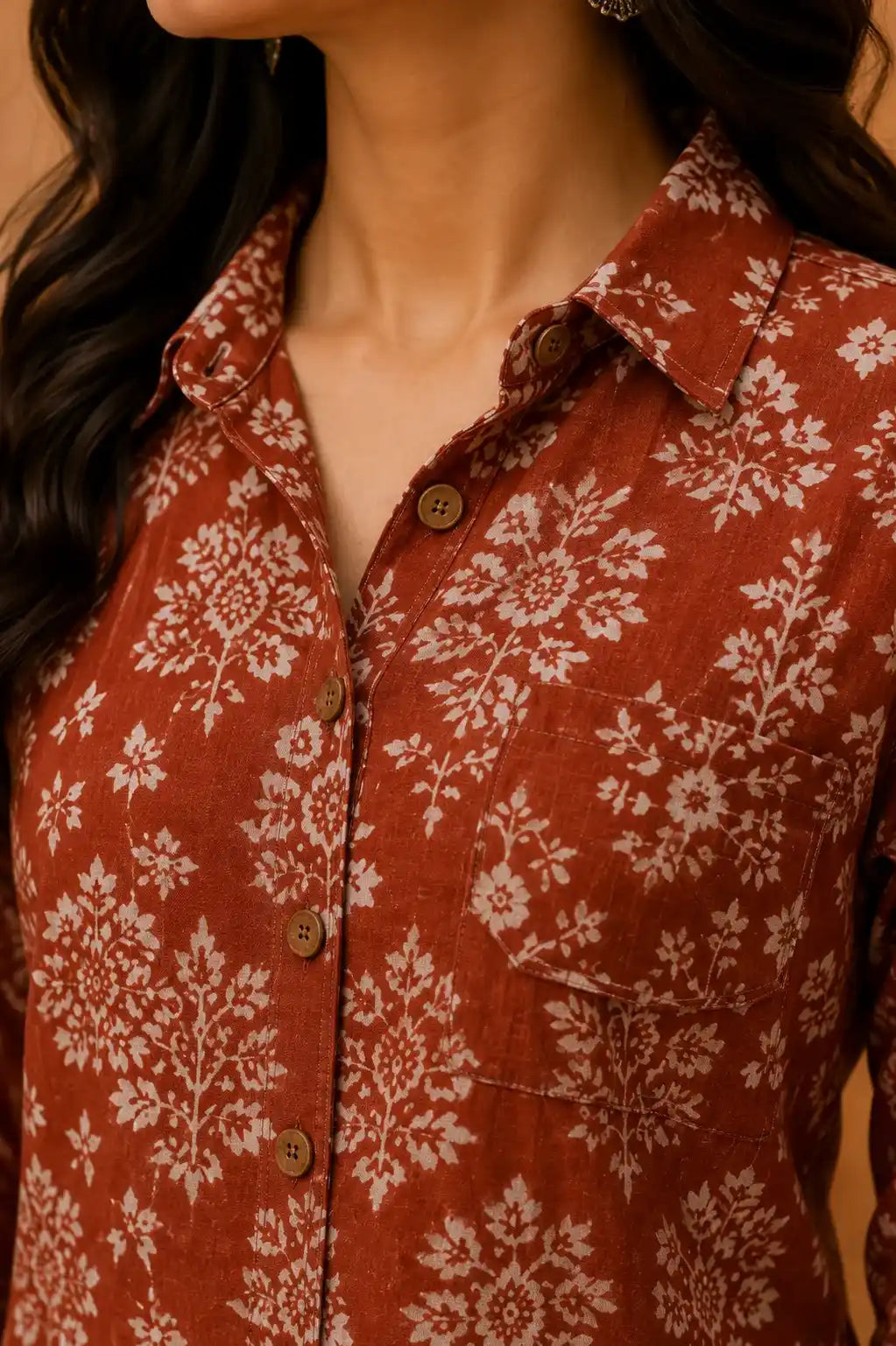 Rust Handblock Print Cotton Co-Ord Set – Front Outfit View