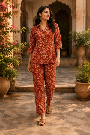 Rust Handblock Print Cotton Co-Ord Set – Front Outfit View