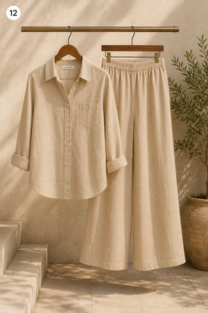 Stone Beige Premium Linen Blend Co-Ord Set – Detailed Outfit View