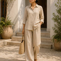 Stone beige linen blend co-ord set for women