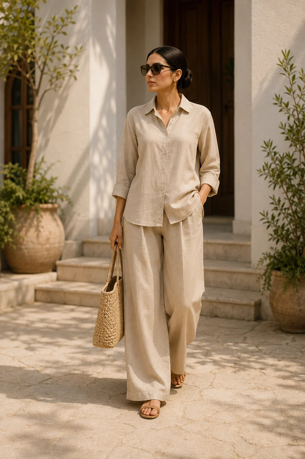 Stone Beige Linen Blend Co-Ord Set for Women – Front View