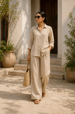 Stone Beige Linen Blend Co-Ord Set for Women – Front View