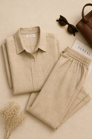 Stone Beige Linen Blend Co-Ord Set – Close-Up Fabric Detail