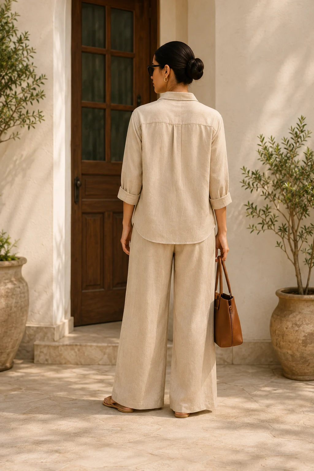 Stone Beige Linen Blend Co-Ord Set for Women – Back View