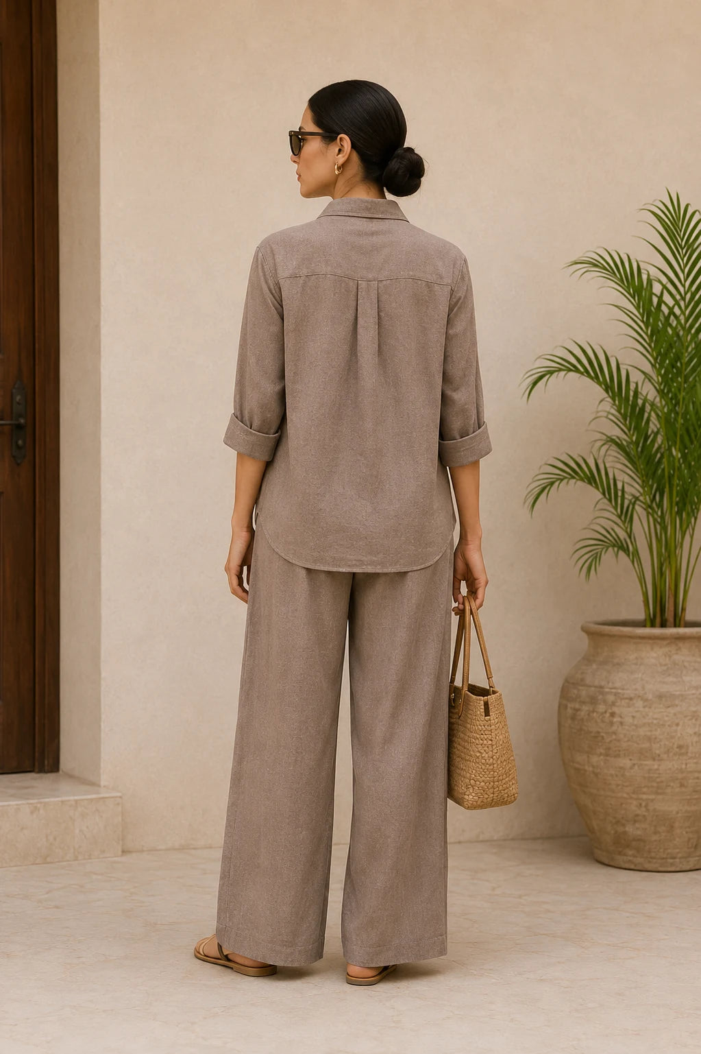 Taupe Greige Premium Linen Co-Ord Set for Women – Back View
