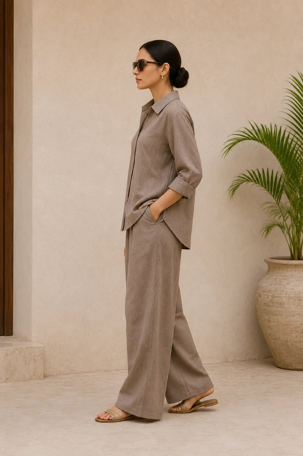 Taupe Greige Linen Two-Piece Co-Ord Set – Stylish Outfit View