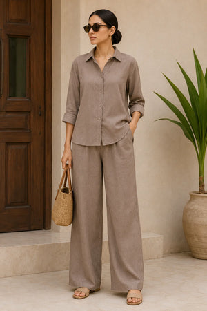 Taupe Greige Linen Blend Co-Ord Set for Women – Full Length View