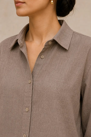 Taupe Greige Premium Linen Co-Ord Set – Detailed Outfit View