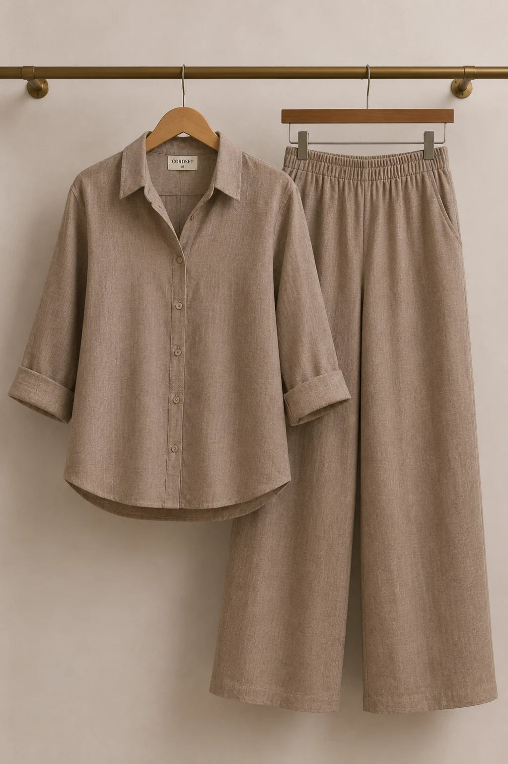Taupe Greige Linen Two-Piece Co-Ord Set – Stylish Outfit View