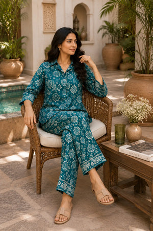 Teal Leaf Print Cotton Co-Ord Set for Women – Detailed Print View