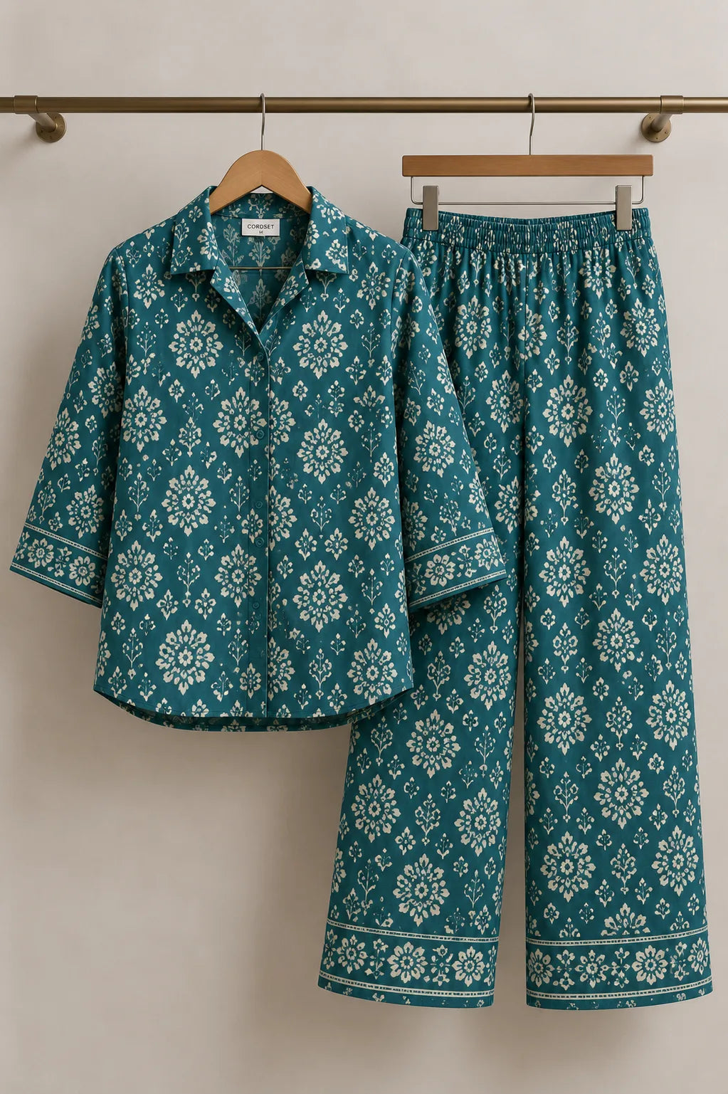 Teal Leaf Print Co-Ord Set – Full Outfit View