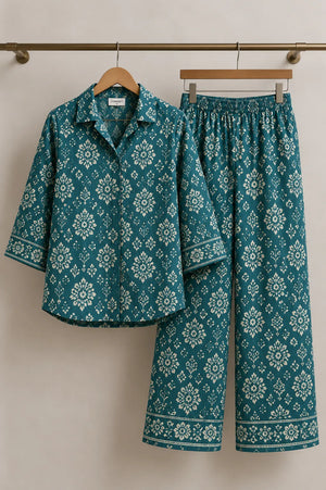 Teal Leaf Print Co-Ord Set – Full Outfit View