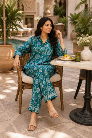 Teal Botanical Leaf Print Co-Ord Set – Stylish Two-Piece Outfit