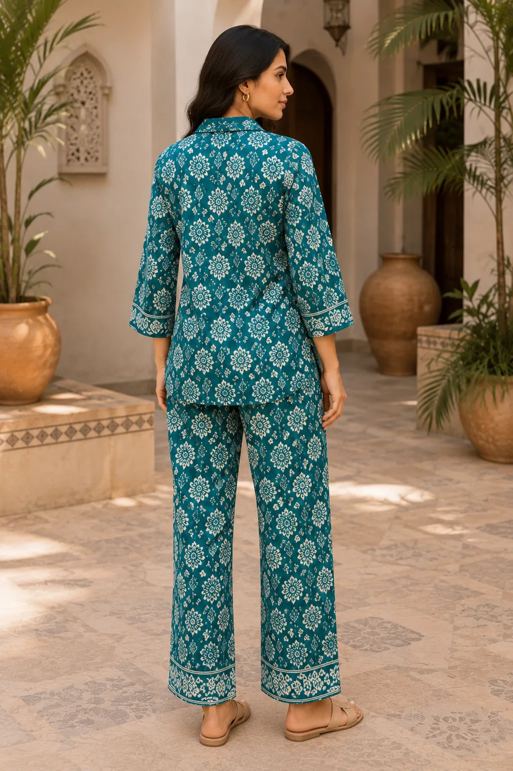 Teal Leaf Print Co-Ord Set for Women – Back View