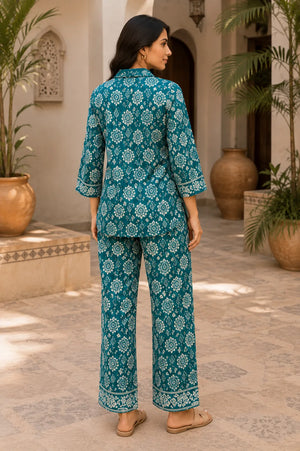 Teal Leaf Print Co-Ord Set for Women – Back View