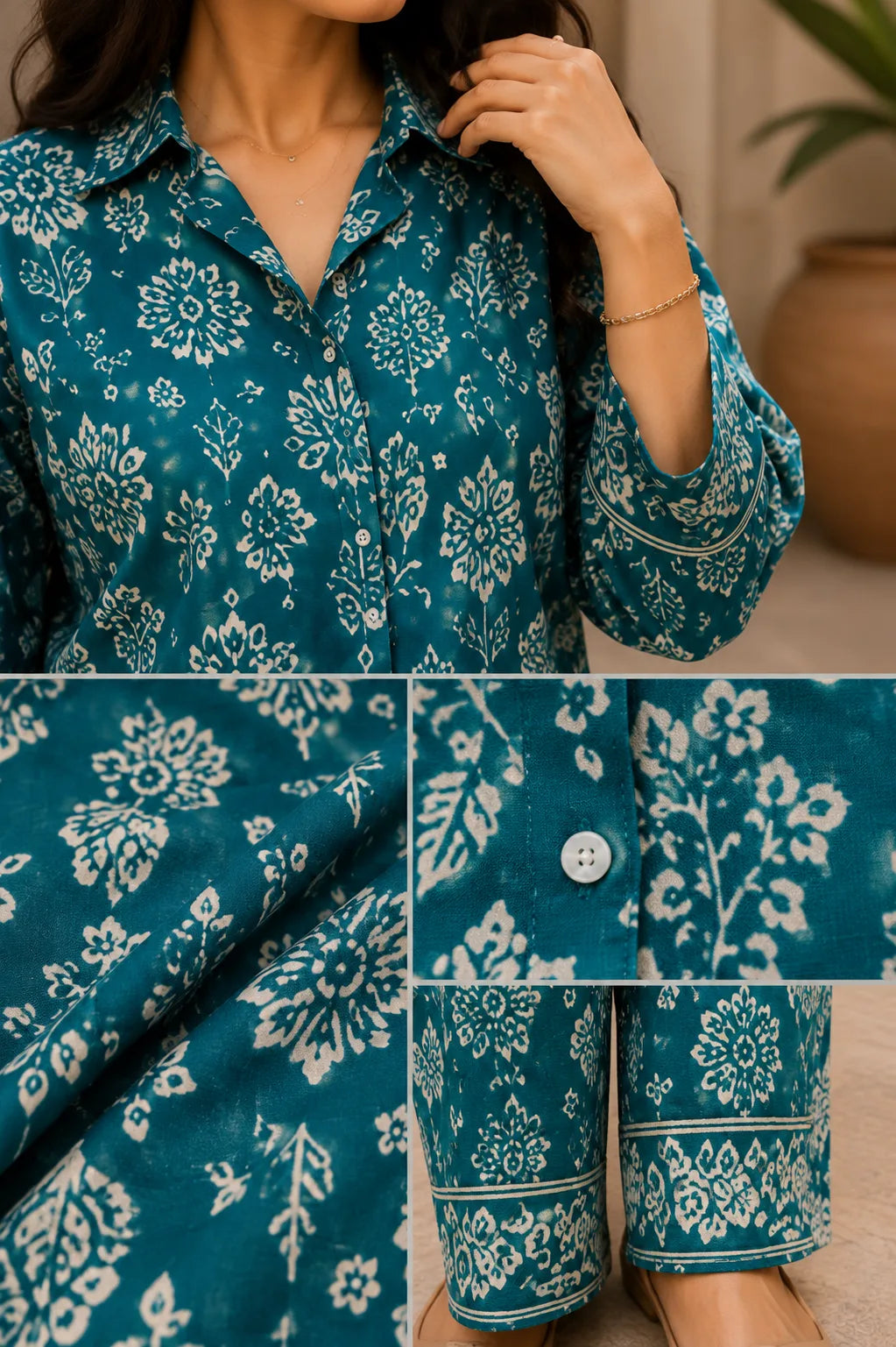 Teal Premium Leaf Print Co-Ord Set – Close-Up Fabric Detail